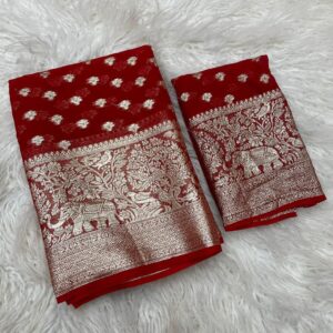 Beautiful elephant Viscose Georgette saree with beautiful small jacquard butti