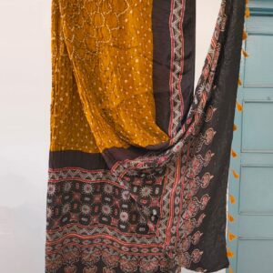 Modal silk ajrakh hand block natural dye with hand bandhani dupatta