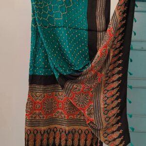 Modal silk ajrakh hand block natural dye with hand bandhani dupatta