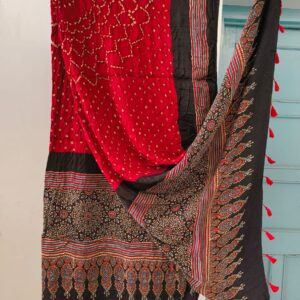 Modal silk ajrakh hand block natural dye with hand bandhani dupattas