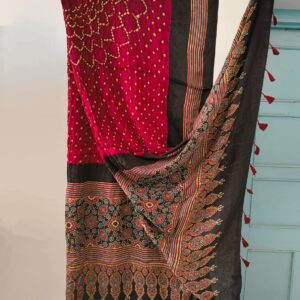 Modal silk ajrakh hand block natural dye with hand bandhani dupatta
