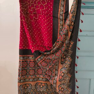 Modal silk ajrakh hand block natural dye with hand bandhani dupattas