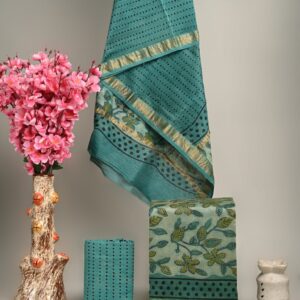 Hand block printed Maheshwari Silk zari border Suits Piece