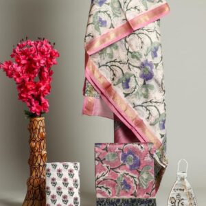 Hand block printed Maheshwari Silk zari border Suits Piece
