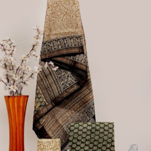 Hand block printed Maheshwari Silk zari border Suits Piece