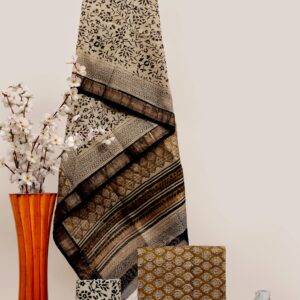 Hand block printed Maheshwari Silk zari border Suits Piece