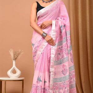 Hand block printed linen saree with blouse