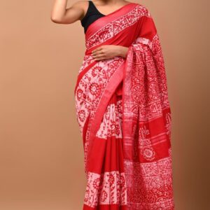 Hand block printed linen saree with blouse
