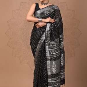 Hand block printed linen saree with blouse