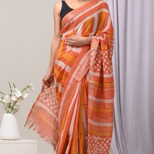 Hand block printed linen saree with blouse
