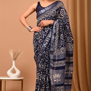 Hand block printed linen saree with blouse