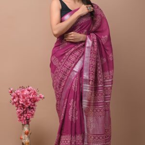 Hand block printed linen saree with blouse