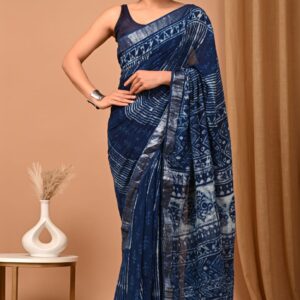 Hand block printed linen saree with blouse