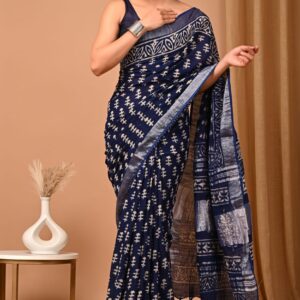 Hand block printed linen saree with blouse