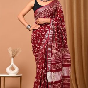 Hand block printed linen saree with blouse
