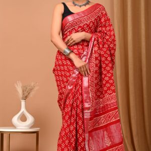 Hand block printed linen saree with blouse
