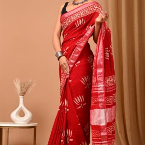 Hand block printed linen saree with blouse