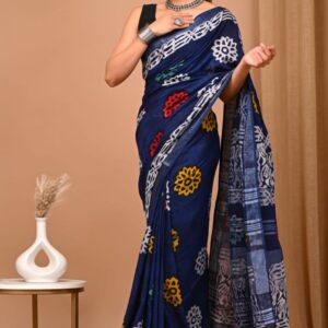 Hand block printed linen saree with blouse
