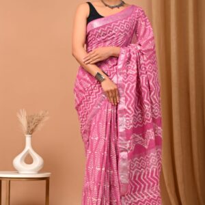 Hand block printed linen saree with blouse