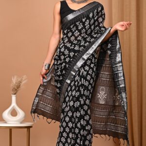 Hand block printed linen saree with blouse