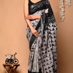 Hand block printed linen saree with blouse