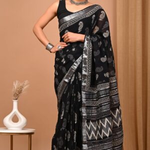 Hand block printed linen saree with blouse