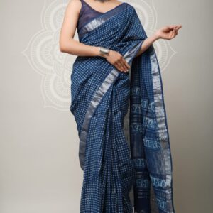 Hand block printed linen saree with blouse