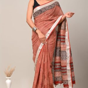 Hand block printed linen saree with blouse