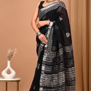 Hand block printed linen saree with blouse