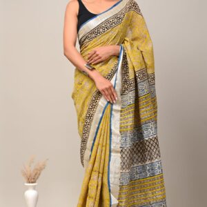 Hand block printed linen saree with blouse