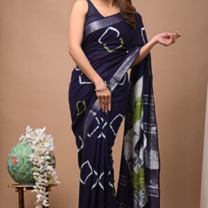 Hand block printed linen saree with blouse