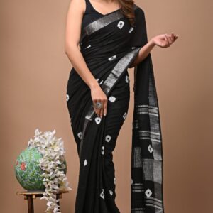 Hand block printed linen saree with blouse