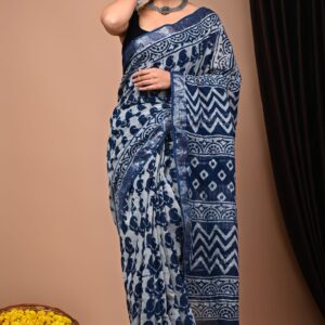 Hand block printed linen saree with blouse
