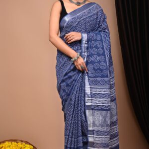 Hand block printed linen saree with blouse