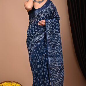 Hand block printed linen saree with blouse