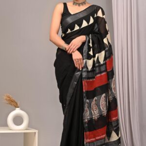 Hand block printed linen saree with blouse