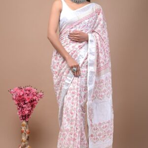 Hand block printed linen saree with blouse