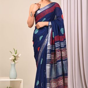Hand block printed linen saree with blouse