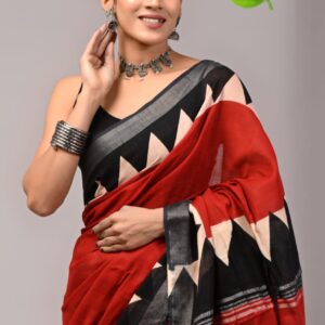 Hand block printed linen saree with blouse