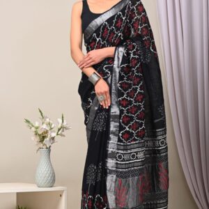 Hand block printed linen saree with blouse