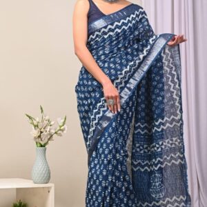 Hand block printed linen saree with blouse