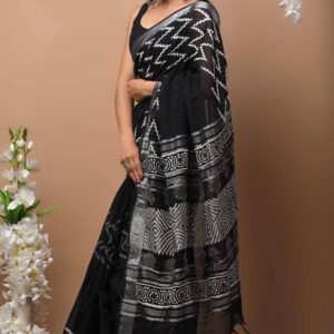 Hand block printed linen saree with blouse