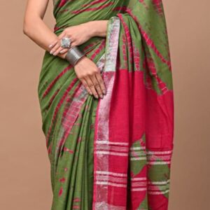 Hand block printed linen saree with blouse