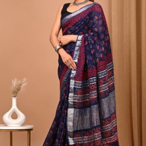Hand block printed linen saree with blouse