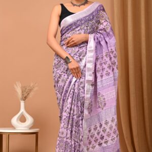 Hand block printed linen saree with blouse