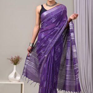 Hand block printed linen saree with blouse