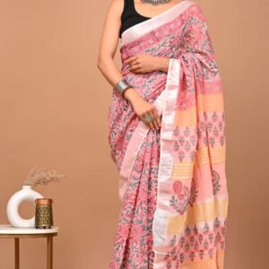 Hand block printed linen saree with blouse