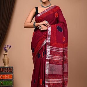 Hand block printed linen saree with blouse