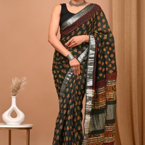Hand block printed linen saree with blouse