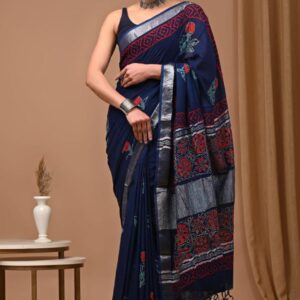 Hand block printed linen saree with blouse